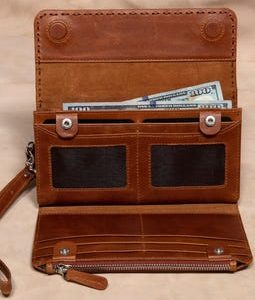 Leather Bifold Wallet, Clutch Bag for Women | Handmade Full Grain Leather Wristlet Mini Handbag, Vintage Brown, Zipper Pocket
