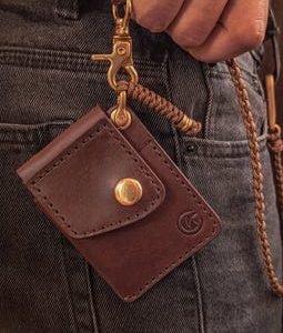 Leather minimalist wallet with chain - Front pocket keychain wallet - Slim handmade wallet