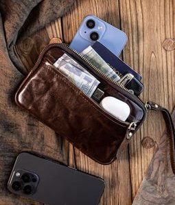 Handcrafted Leather Double Zip Wristlet Handbag, Vintage Wallet & Purse, Large Phone Pouch, Leather Clutch