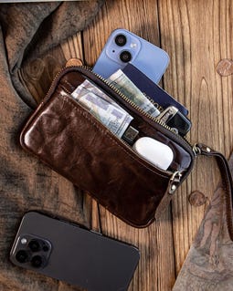 Handcrafted Leather Double Zip Wristlet Handbag, Vintage Wallet & Purse, Large Phone Pouch, Leather Clutch