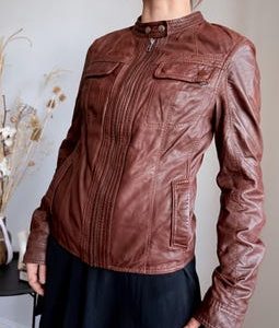 Vintage 100% Leather Jacket Brown Women’s Fitted Moto Biker Zip Front