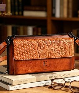 Personalized Leather Crossbody Phone Wallet Custom Engraved Long Wallet Card Holder Vintage Shoulder Bag Zipper Organizer Gift