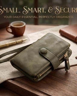 Women's Leather Bifold Wallet, RFID Blocking Wristlet, Compact Card Holder (ID Window, Coin Purse)