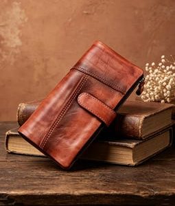 Handmade Top Grain Leather Long Wallet, Zipper Purse, Vintage Style Card Holder