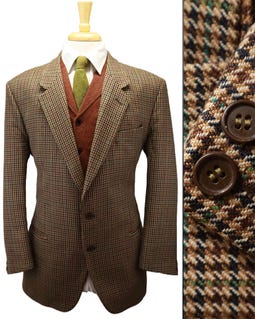 46S Vintage 1980s Italian Custom Tweed Blazer Heavyweight Wool Puppytooth Check Green & Copper Orange Autumn Country Sports Coat