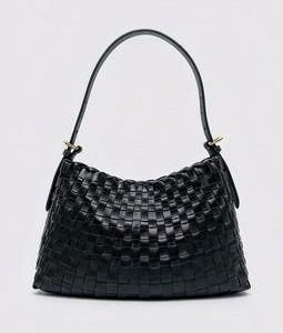 Black Woven Leather Shoulder Bag, Handmade Cowhide Leather Handbag, Minimalist Everyday Bag